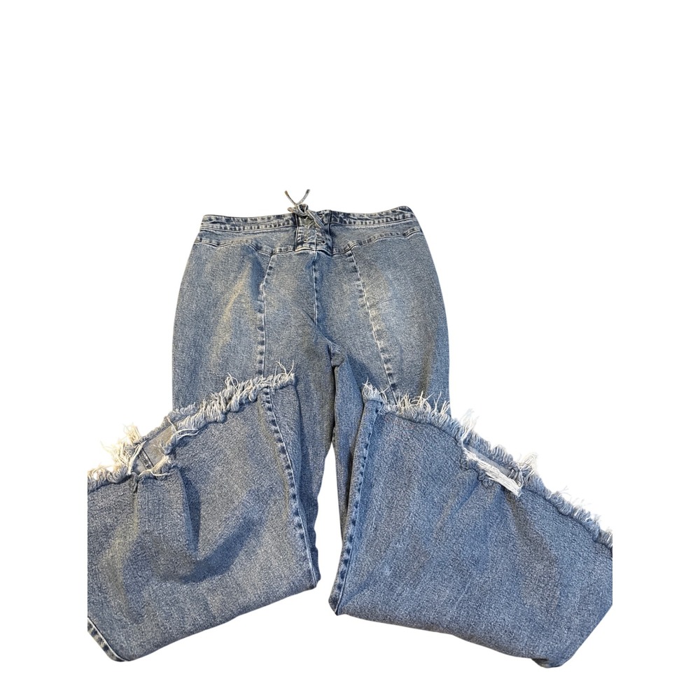 Arula Blue Lace Up Back Flare Jeans Frayed Hem Medium Wash Size 14